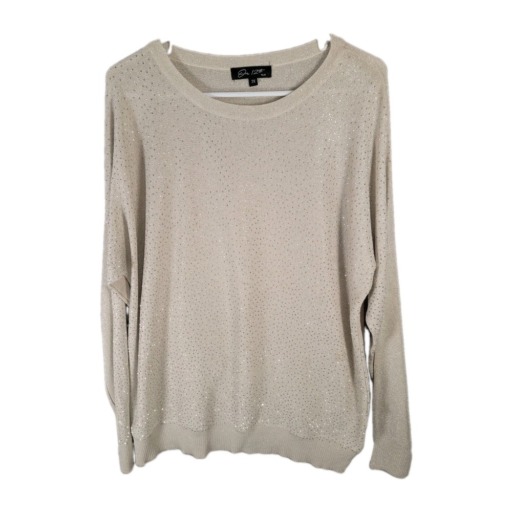 On 12th Plus Sweater Womens 2X Champagne Gold Metallic Rhinestone Studded Glam